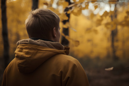 Boy in yellow coat stands in the autumn forest and looks into the distanceの素材