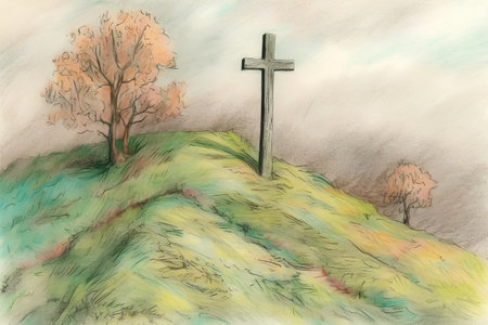 Cross on the hill with autumn trees in the background, pencil drawingの素材