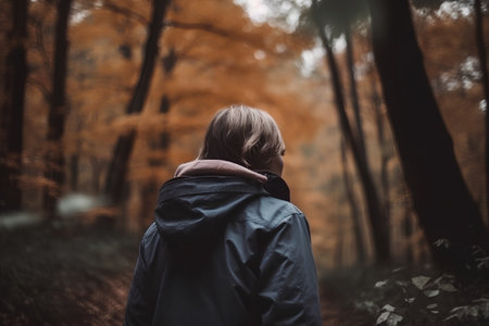 Young woman in the autumn forest, rear view, toned imageの素材