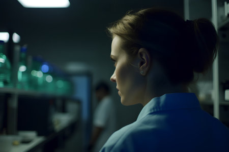 Young female scientist working in laboratory. Science, chemistry, biology, medicine and people conceptの素材