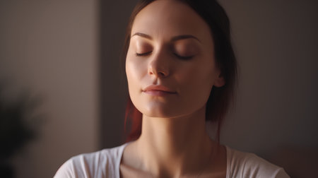 Portrait of a beautiful young woman with closed eyes at home.の素材