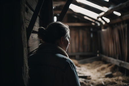 Portrait of a girl in a black jacket standing in a barn.の素材
