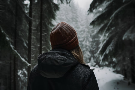 A girl in a knitted hat stands in a snowy forest.の素材