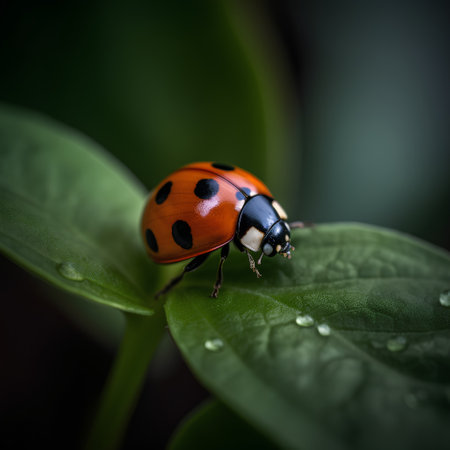 ladybug on a green leaf macro close-up with water dropsの素材