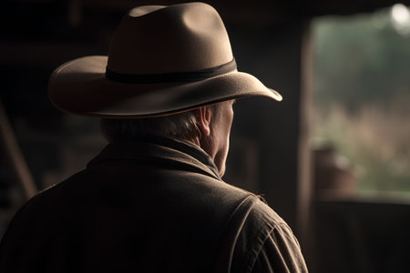 An older man in a cowboy hat looks into the distance. Retro style.の素材
