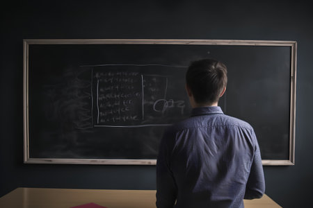 Back view of male teacher standing in front of chalkboard in classroomの素材