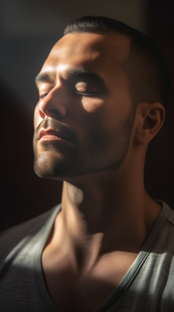 Portrait of a young handsome man with a beard on a dark backgroundの素材