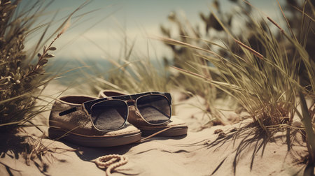 Sandals and Sunglasses on the Beach. Vintage Style Toned Pictureの素材