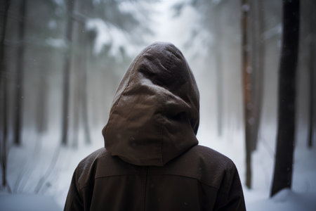 Hooded man in the winter forest. Blurred background.の素材