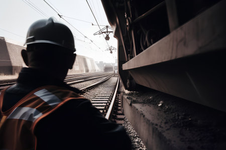 Railway worker standing in front of the train station. Shallow depth of field.の素材