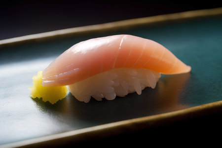 Sushi nigiri with salmon on a plate. Japanese food.の素材