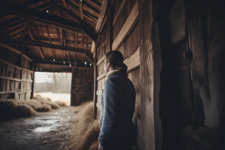 Young woman standing in a barn and looking into the distance. Loneliness concept.の素材