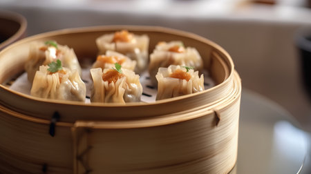 Chinese steamed dumplings in bamboo steamer, closeupの素材