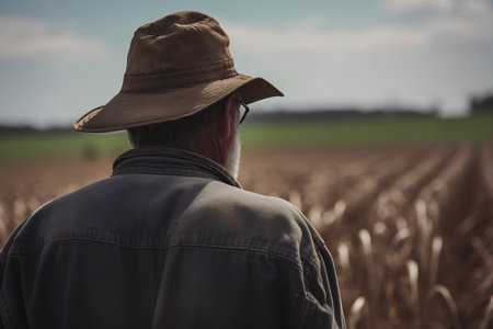 Farmer standing in a cornfield looking at the wheat crop.の素材