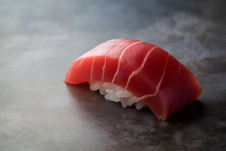Sushi roll with salmon on a gray background. Toned.の素材