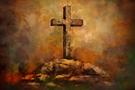 Cross on the rock, grunge background with space for your textの素材