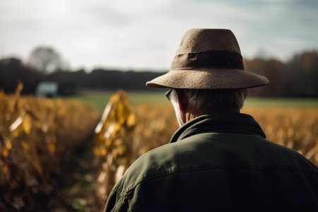 Farmer in a hat and a green jacket on a corn fieldの素材