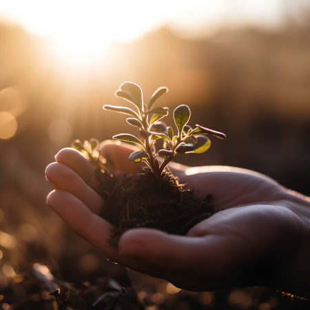 Young plant in the hands of a man against the background of the setting sunの素材