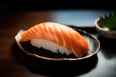 Salmon sushi japanese food on wooden table. Shallow depth of fieldの素材