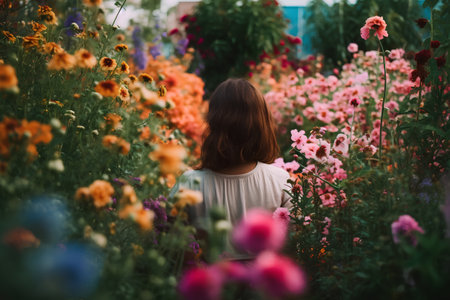 Back view of young woman looking at colorful flowers in the garden.の素材