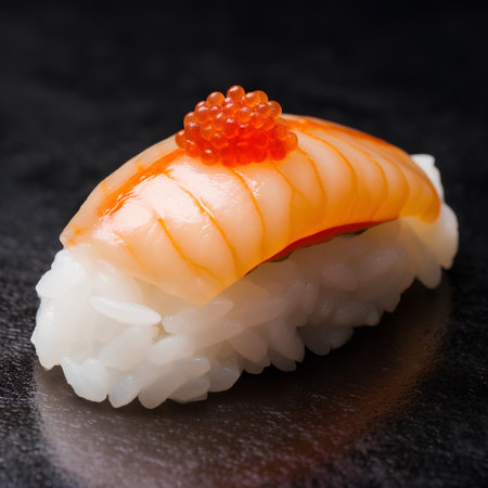 Sushi on a black background. Sushi roll with salmon.の素材