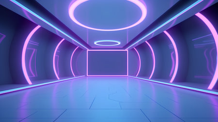 Futuristic corridor with glowing neon lights. 3D rendering.の素材