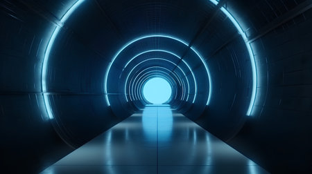 abstract futuristic tunnel with blue light at the end (3d render)の素材
