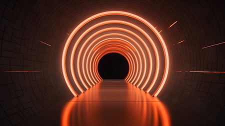 3d render of a corridor with neon lights in a dark roomの素材