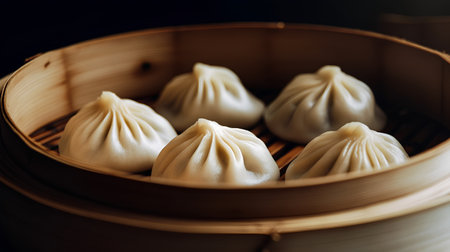 steamed dumplings in bamboo basket on black background, close upの素材