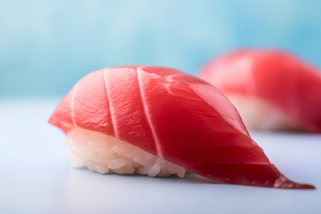 Sushi with salmon on a blue background. Shallow dof.の素材