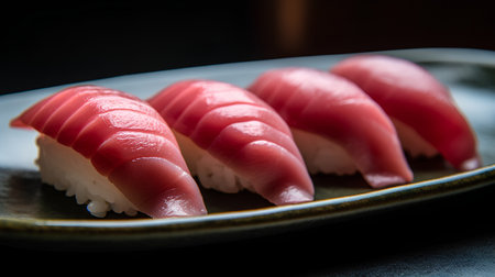 Sushi with tuna on a black background. Japanese food. Toned.の素材
