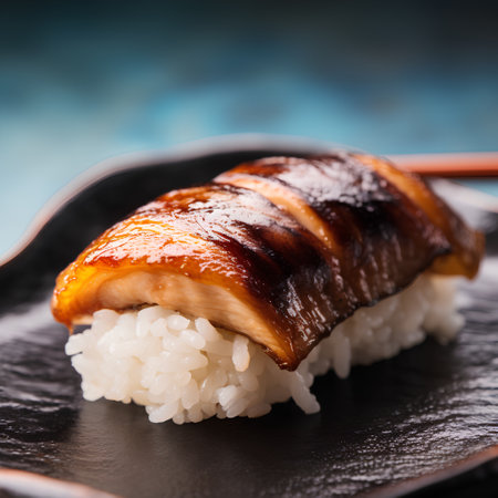 Eel sushi with rice on a black plate on a blue backgroundの素材