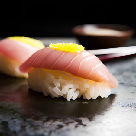 Sushi on a black background. Shallow depth of field.の素材
