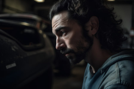 Portrait of a handsome bearded man with long dark hair in a garageの素材