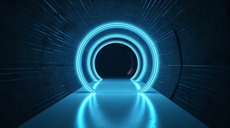 abstract futuristic tunnel with blue light and reflections, 3d renderの素材
