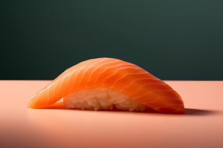Salmon nigiri sushi with salmon and nori seaweed on colorful backgroundの素材
