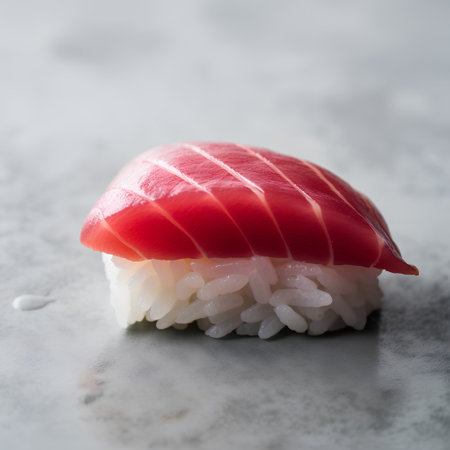 Sushi roll with tuna and rice on a gray background. Japanese foodの素材