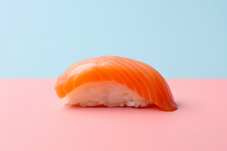 Salmon sushi on a pink and blue background with copy space.の素材