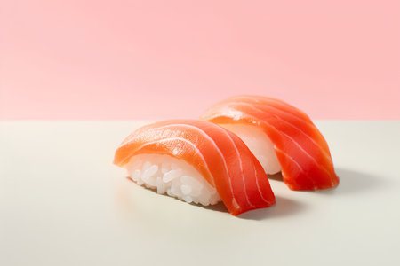 Sushi roll with salmon on white and pink background. Japanese foodの素材