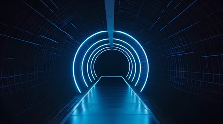 Futuristic tunnel corridor with blue glowing lights. 3D renderingの素材
