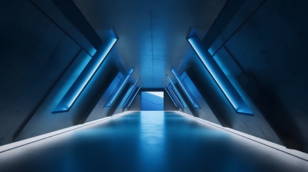 3D rendering of an empty corridor with blue lights in the centerの素材