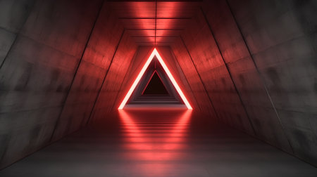 3D rendering of an illuminated corridor with red neon lights on itの素材