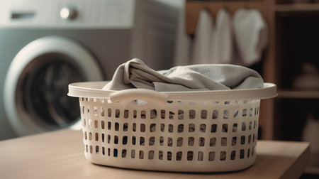 Laundry basket with towels on the wooden table in laundry roomの素材