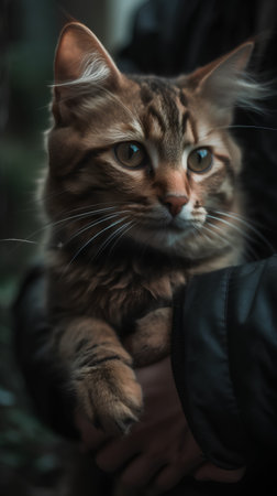 Cute ginger cat in the hands of a man. Selective focus.の素材