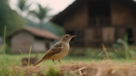 A corn bunting in a rice field in the countryside of Thailandの素材