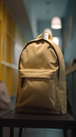 Yellow backpack on the table in the corridor of the school. Education concept.の素材