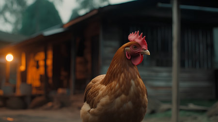 Portrait of a rooster on the background of the village.の素材