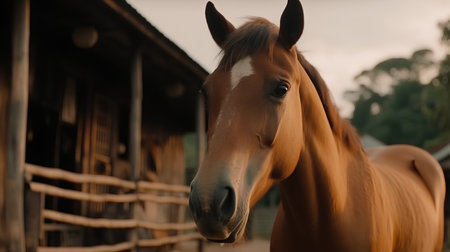 Beautiful brown horse portrait in the paddock at sunset time.の素材