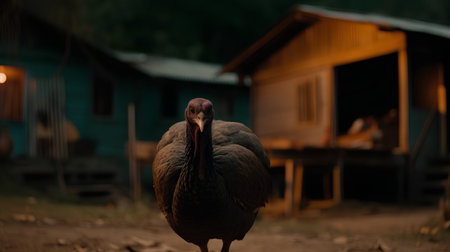 Portrait of a turkey on a background of a wooden house.の素材
