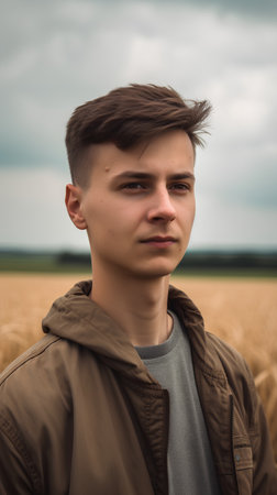 Portrait of a handsome young man in a wheat field. Toned.の素材